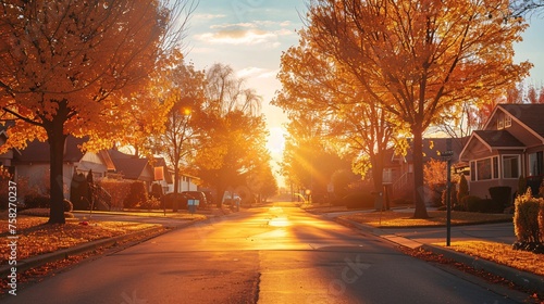 Tranquil residential road lined with homes and amber foliage during sundown.