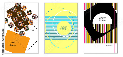 Geometric cover design, set of 3 covers. Abstract unusual background in Memphis style. Bright geometric shapes in random order