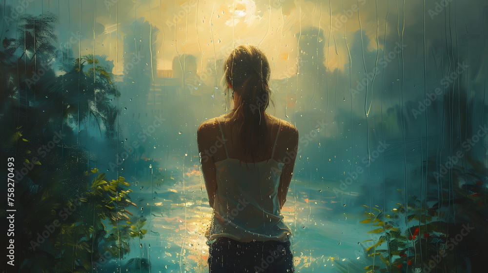 A contemplative scene of a woman looking out at raindrops, with blurred city lights in the background implying solitude