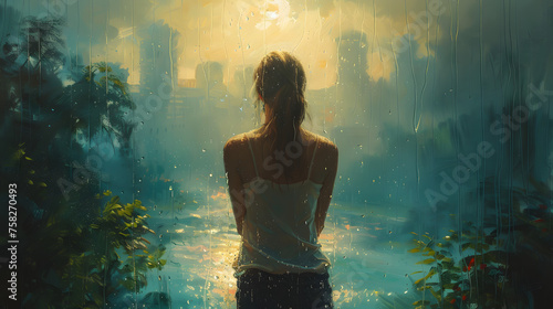 A contemplative scene of a woman looking out at raindrops, with blurred city lights in the background implying solitude photo