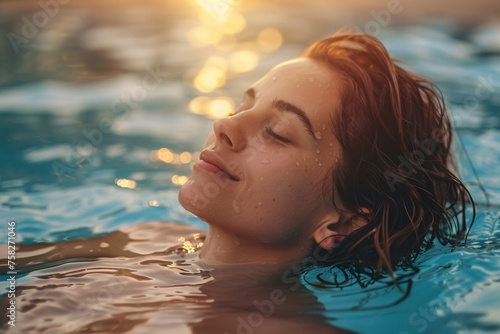 A woman relaxing in a pool following treatments.