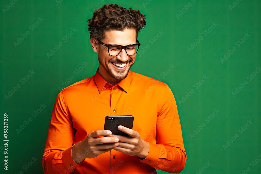 A man in a green shirt is smiling with a phone in his hands A man in a green shirt is smiling with a phone in his hands
