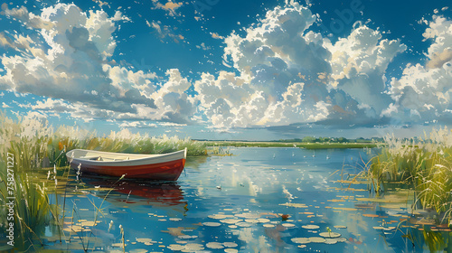 Peaceful landscape depicting a solitary boat on a calm lake, conveying solitude and the simplicity of nature