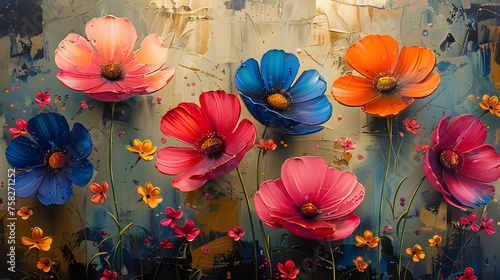 Wallpaper Mural A vibrant, textured painting of vivid multi-colored flowers against a splattered background providing contrast Torontodigital.ca