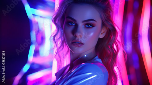 A gorgeous young woman gazes intently into the camera while illuminated in a vivid array of hues in a nightclub setting.