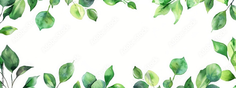 Watercolor green leaves frame. Herbal eucalyptus border. Green leaves and branches on white background. Simple minimalistic design for card, invitation, poster, save the date, wedding or greeting