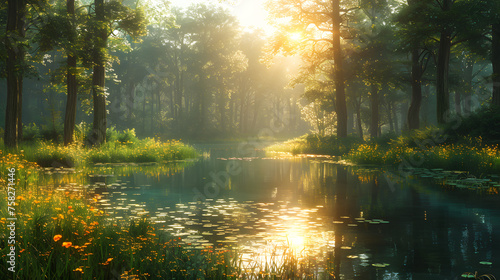 Lush greenery and a peaceful river bathed in the soft light of dawn, in a quiet, foggy forest setting