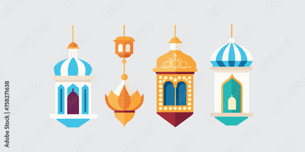 Festive Collection of 4 Arabic Ramadan Lanterns Vector: Ornate Decor Elements for Eid Celebration