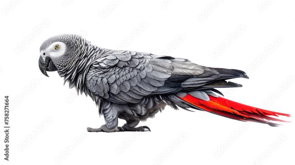 Fototapeta premium African Grey Parrot With Red and Grey Feathers - Transparent background, Cut out