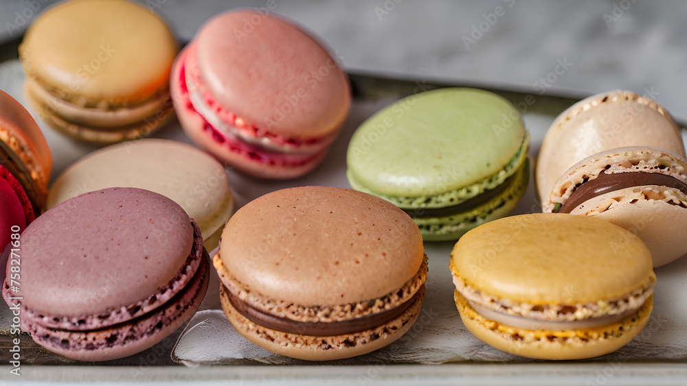 Colorful macarons arranged in a captivating display, showcasing a variety of vibrant hues. This visually stunning image invites viewers to indulge in the delicate textures and rich flavors Colorful macarons arranged in a captivating display, showcasing a variety of vibrant hues. This visually stunning image invites viewers to indulge in the delicate textures and rich flavors