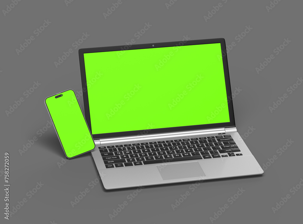 3D Render of laptop and phone with green screen on a dark background 3D Render of laptop and phone with green screen on a dark background