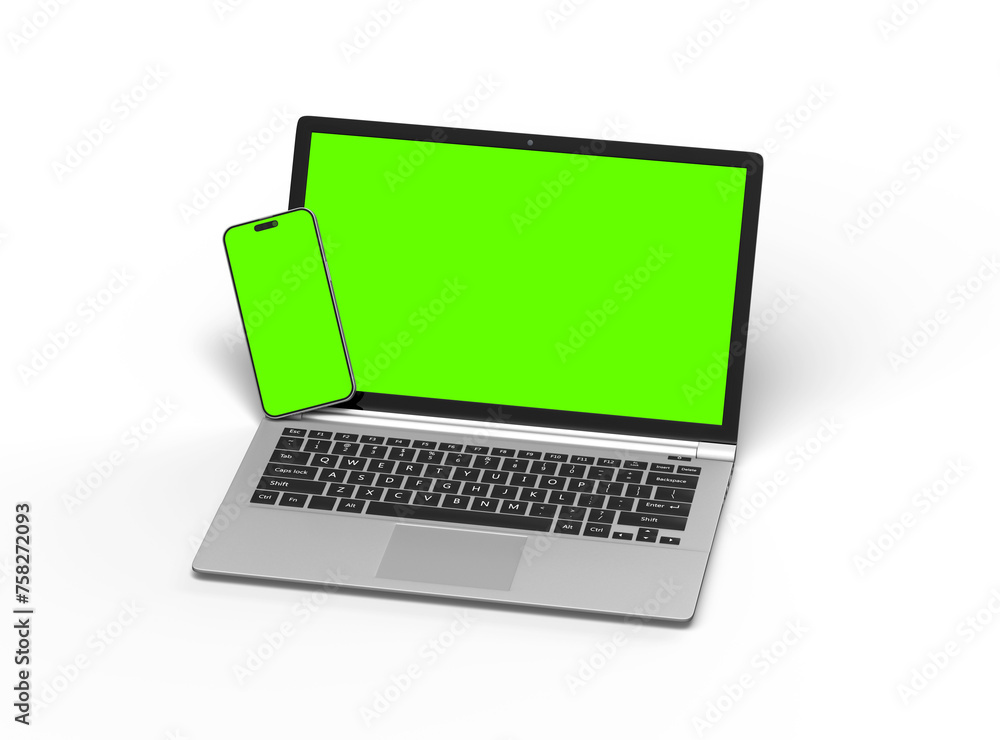 3D Render of laptop and phone with green screen on a transparent background 3D Render of laptop and phone with green screen on a transparent background