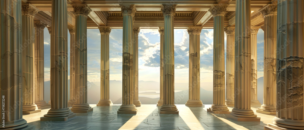Fototapeta premium Columns inside Ancient temple overlooking mountain and sky, interior of old Greek building. Concept of antique, Greece, civilization, travel