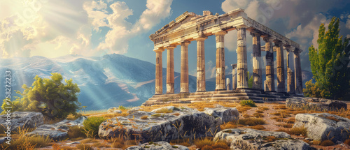 Ancient Greek temple on mountain and sky background, vintage ruins of old building in summer. Concept of history, Greece, antique, travel.