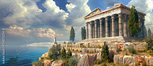 Ancient Greek temple over sea on sky background, landscape with old building in summer. Concept of Greece, antique, civilization, travel. photo