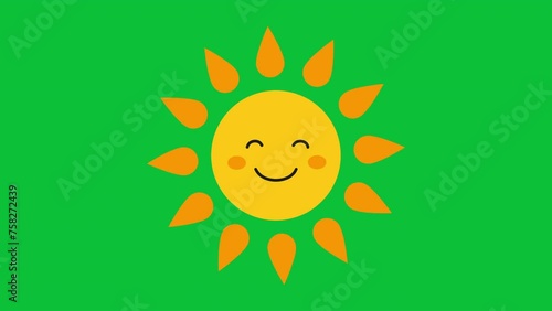 Loop of cute cartoon sun with happy smiling face on green screen chroma key background 2d animation 4k motion graphics video clip in bright colors. Seamless looped animated summer weather icon.