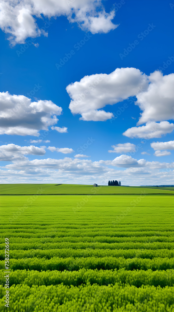 Splendid rural panorama highlighting an abundant crop field under soft cloudy sky with a barn and farming equipment background