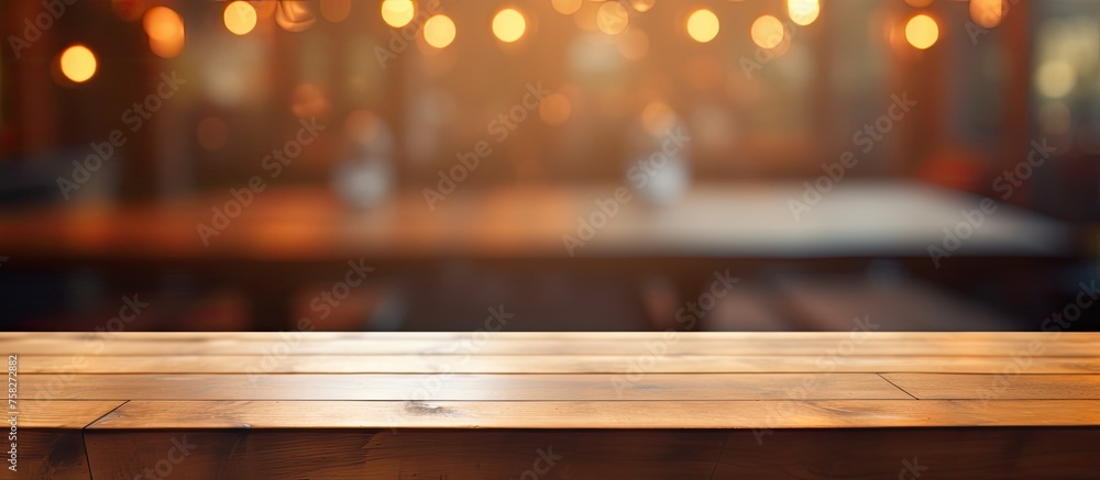 A brown hardwood table with a glossy varnish, set against a blurry amber background of a restaurant. The tints and shades create a warm, inviting atmosphere A brown hardwood table with a glossy varnish, set against a blurry amber background of a restaurant. The tints and shades create a warm, inviting atmosphere