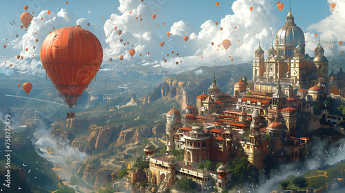 An imaginative floating city with lush greenery, red balloons, and a hot air balloon over richly textured cliffs creates a sense of adventure and wonder