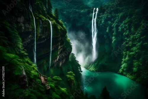 A panoramic view of a towering waterfall plunging down a steep cliff, its white spray contrasting against the rich emerald hues of the surrounding forest