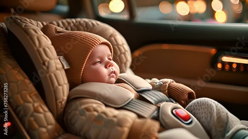 A newborn in child's removable seat in a car for safety,generative ai photo