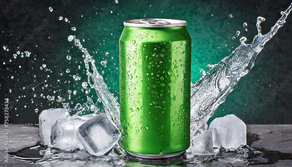 Green aluminum can mockup with dynamic water splash and ice cubes. Beer or soda drink package. Green aluminum can mockup with dynamic water splash and ice cubes. Beer or soda drink package.