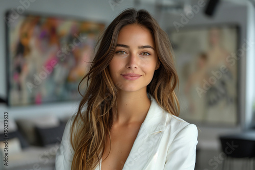 Beautiful happy healthy woman smiling portrait in white suite office dress code with hair elegant make up style business office