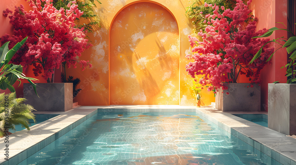 An exquisite content displaying an inviting poolside adorned with vibrant pink flowers and tropical plants - obrazy, fototapety, plakaty 