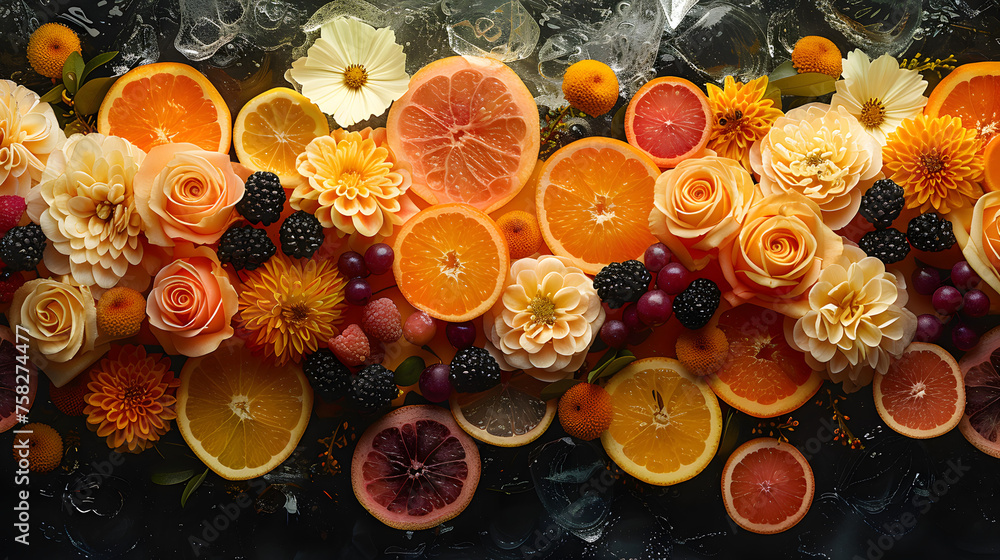 A lively and refreshing composition featuring a variety of citrus fruits and blooming flowers, drenched in water droplets A lively and refreshing composition featuring a variety of citrus fruits and blooming flowers, drenched in water droplets