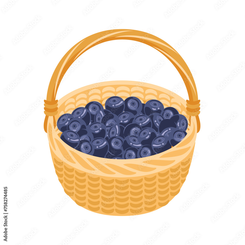Basket with bilberry. Cartoon flat illustration of fresh ripe berries. Vector icon. Basket with bilberry. Cartoon flat illustration of fresh ripe berries. Vector icon.