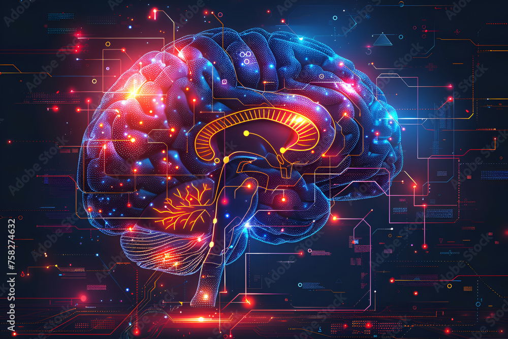 Obraz premium Translucent brain abstraction of futuristic medicine showing chip implantation and connection with artificial intelligence. Use of neon colors.