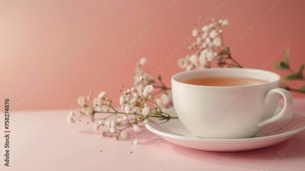 Tea cup adorned with flowers on a minimal background Tea cup adorned with flowers on a minimal background