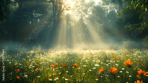 Mystical sunrays pierce through trees, illuminating a vibrant field of wildflowers in an ethereal forest scene