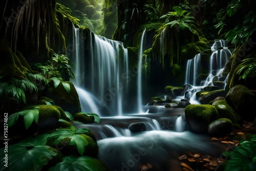 An enchanting close-up shot of the cascading waters of a picturesque waterfall against a backdrop of lush greenery. This high-resolution image will transport you to a tranquil paradise