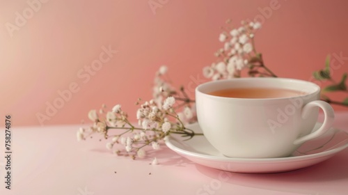 Tea cup adorned with flowers on a minimal background