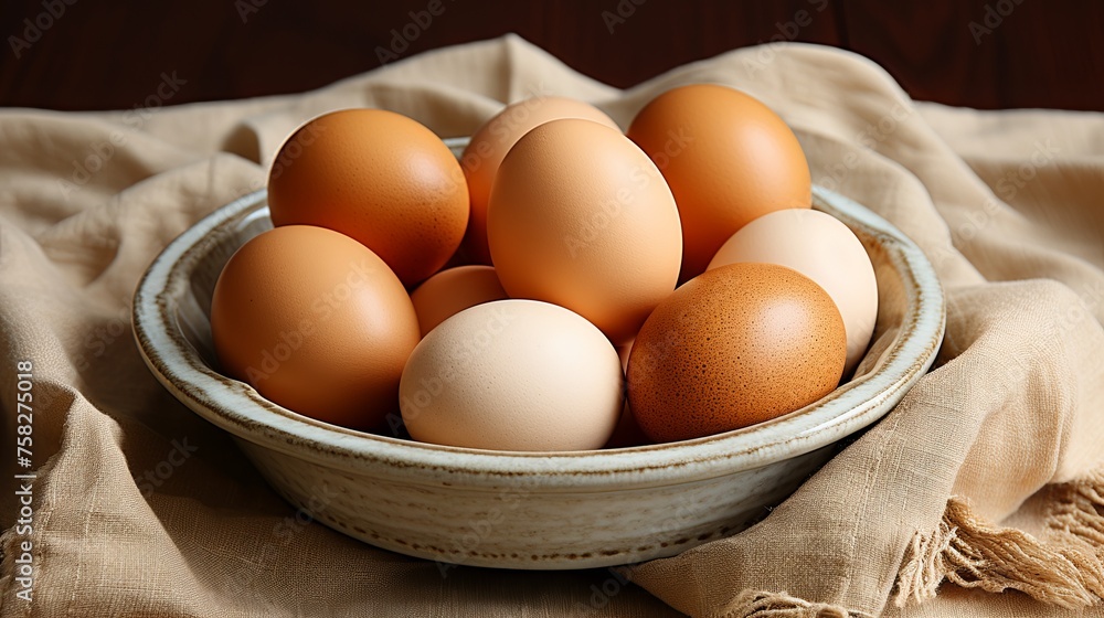 A basket of chicken eggs, an important food item. A few brown eggs among the cells of a large cardboard bag or in a basket, a tray for carrying and storing fragile eggs. Generative AI A basket of chicken eggs, an important food item. A few brown eggs among the cells of a large cardboard bag or in a basket, a tray for carrying and storing fragile eggs. Generative AI