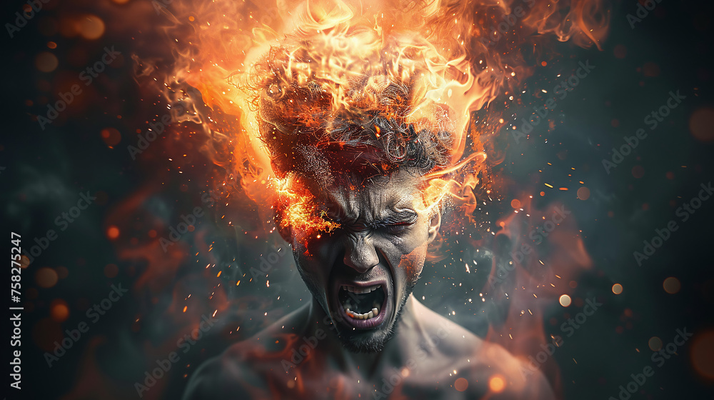 furious man screaming with head on fire, extreme rage furious man screaming with head on fire, extreme rage