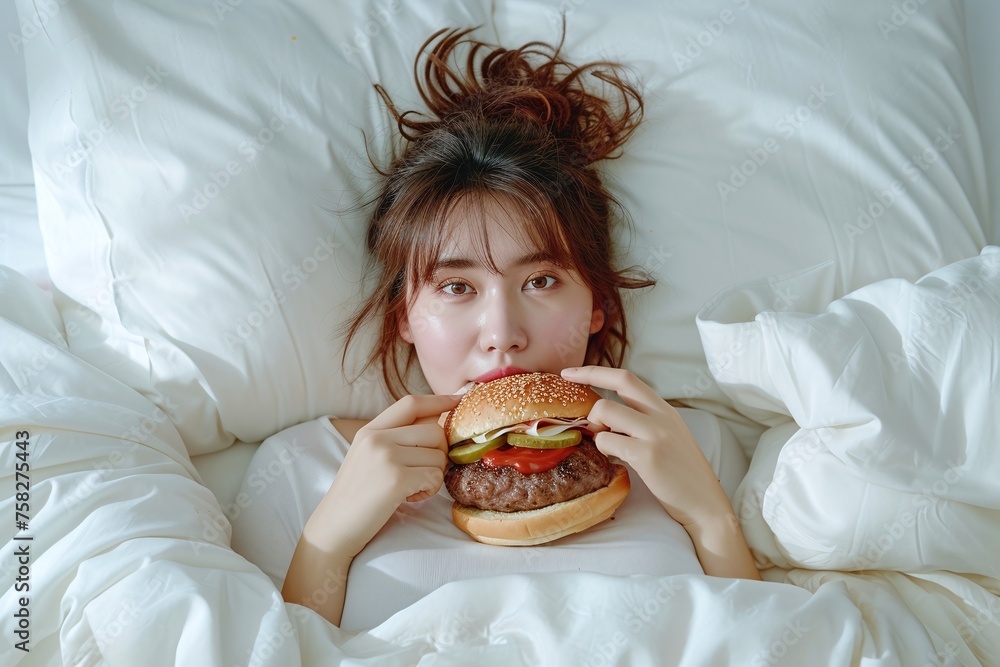 Asian girl eating burger in bed