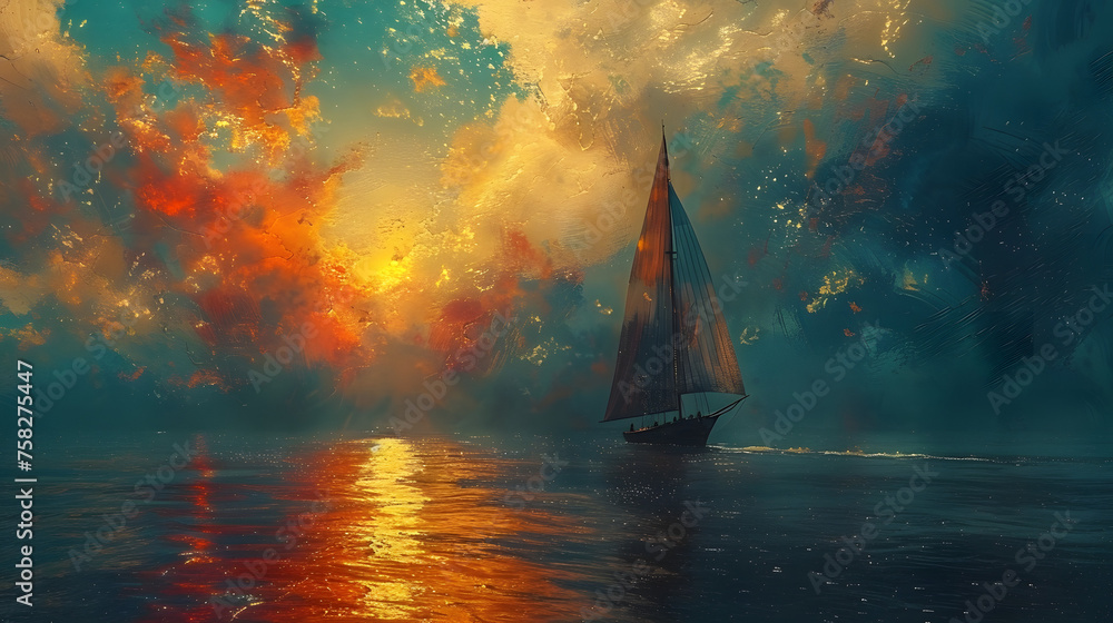 An artistic depiction of a single sailboat on gently rippling water against a sky ablaze with sunset colors - obrazy, fototapety, plakaty 