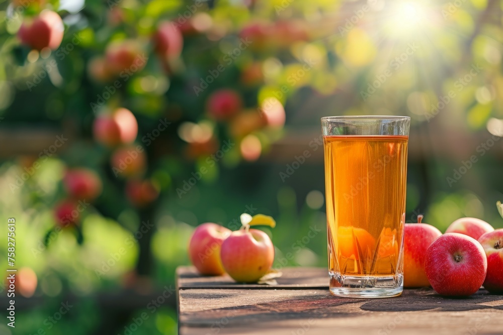 A glass of apple juice on a wooden table in a garden with blurred background A glass of apple juice on a wooden table in a garden with blurred background