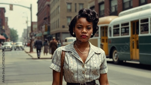 Streets of History Vintage Image Showing a Young Black Woman Walking Along the Urban Landscape of a US City in the 1950s