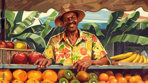 barraca de frutas. Um homem sorridente está vendendo frutas. Há um kiwi, uma laranja, uma maçã e uma banana na barraca de frutas #758276293