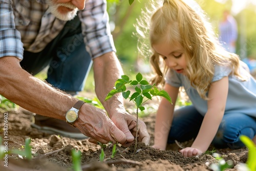 Grandfather and Granddaughter Planting Trees for a Greener Future Together