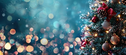 Festive Christmas Tree Banner Decorations on Blue Bokeh Background
