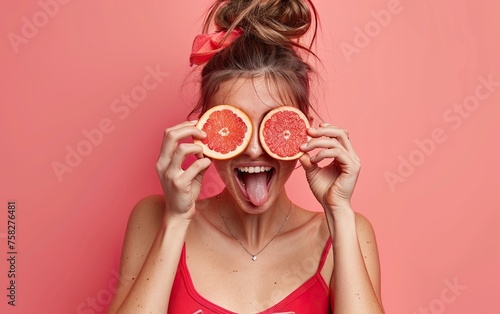 Girl holding two grapefruits in front of her eyes sticking ouyt tongue on pink background