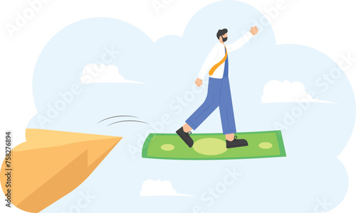 Businessman standing on dollar across the cliff, vector illustration

