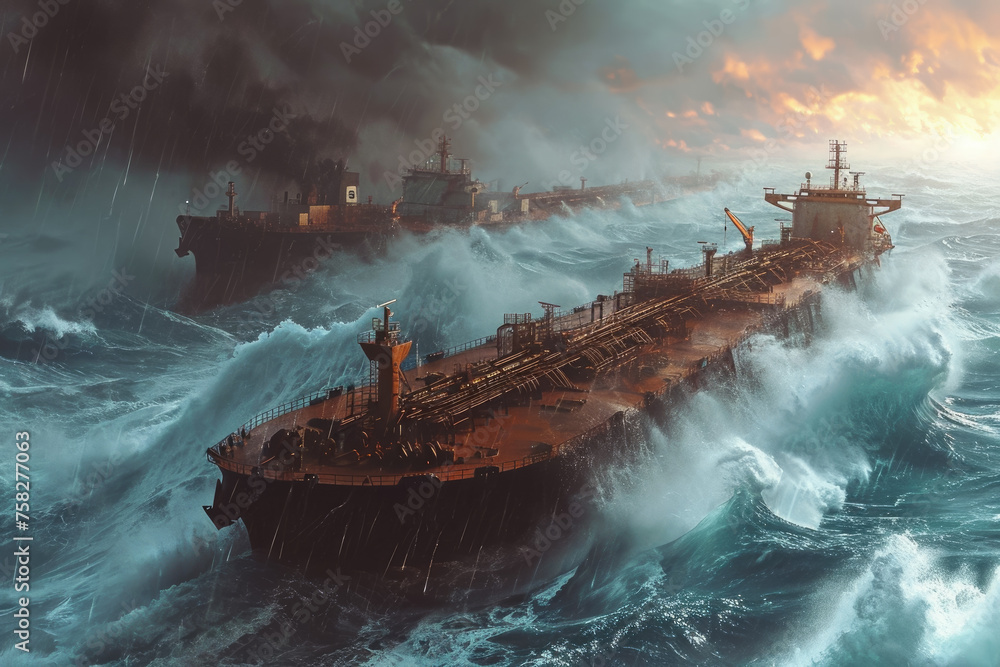 group of oil tankers in a stormy sea. The tankers are struggling to stay afloat, and there are waves crashing in the background - obrazy, fototapety, plakaty 