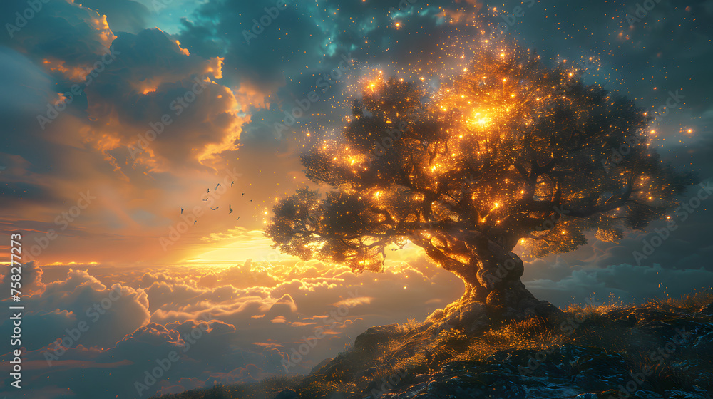 An awe-inspiring digital art piece depicting a magical tree with branches glowing like stars against a twilight sky, symbolizing life and mystery An awe-inspiring digital art piece depicting a magical tree with branches glowing like stars against a twilight sky, symbolizing life and mystery