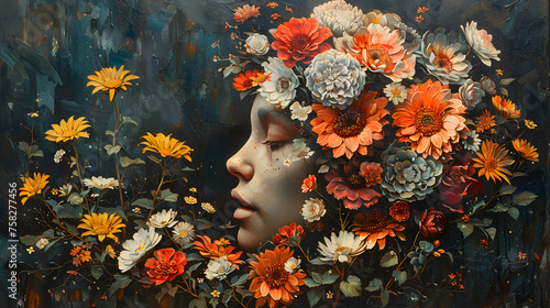 An exquisite oil painting showcasing a variety of vibrant flowers with a mysterious brown square overlay