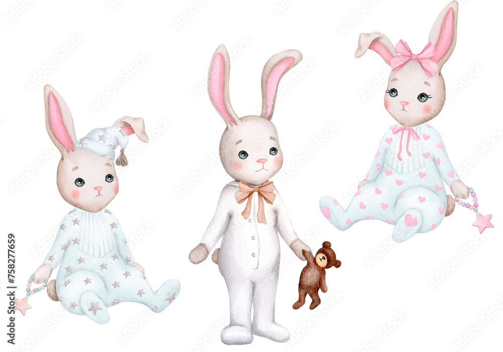 Obraz premium Set of cute bunnies. Boys and girls. Children's illustration. Hand drawn watercolor. Baby shower, birthday, children's party. Clipart for print, invitation, poster, greeting card, postcard.